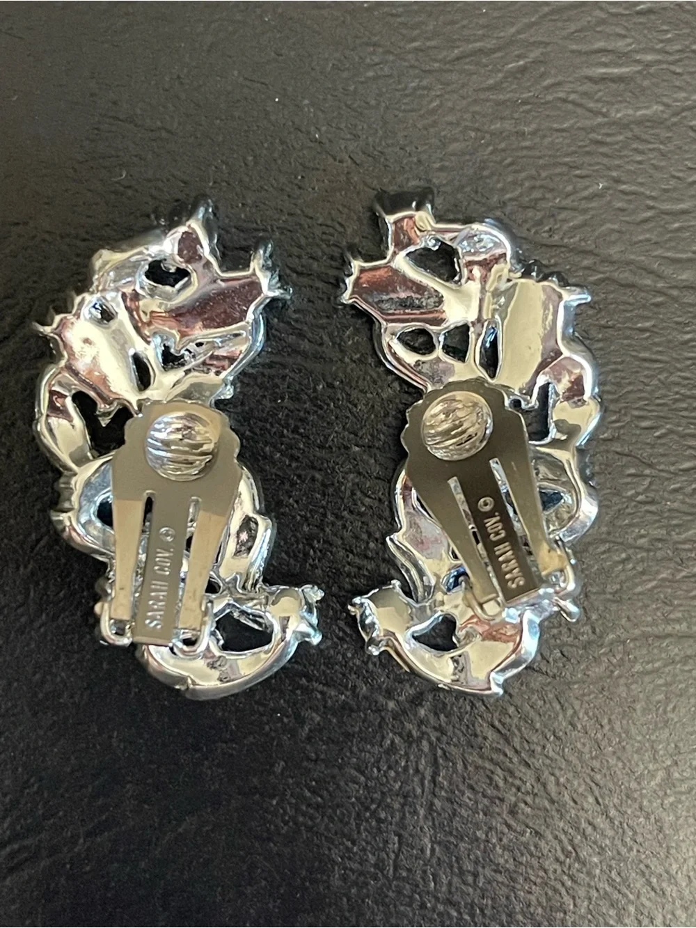 Vintage Sarah COV Silver-Tone Blue rhinestone Leaf Brooch and Clip-On Earrings